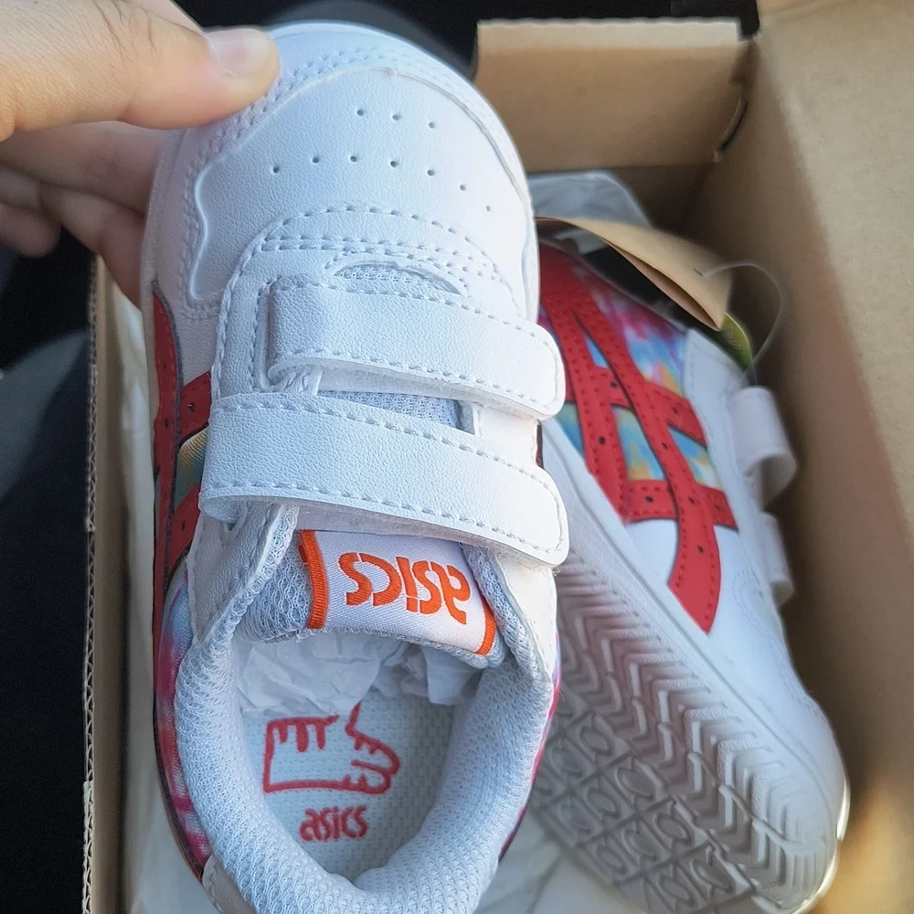 Asics Kids White Sneakers with Red Stripes and Multicolor Tie-Dye